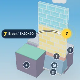 La pared en 3D con la pieza 7, Block 15×20×40, señalada